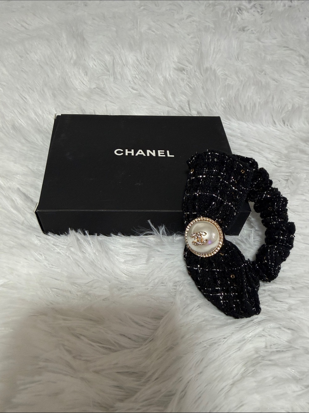 CHANEL Black Tweed Pearl-Button Scrunchie Headband